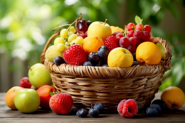 Fresh baskets full of various fruits and beautiful small plants on the side