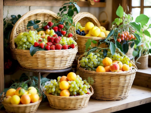 Fresh baskets full of various fruits and beautiful small plants on the side