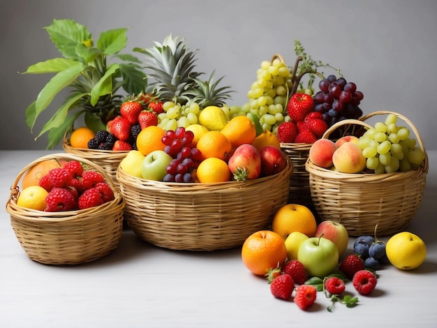 Fresh baskets full of various fruits and beautiful small plants on the side