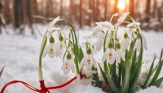 Fresh beautiful bouquet first spring forest snowdrops flowers with red and white cord martisor