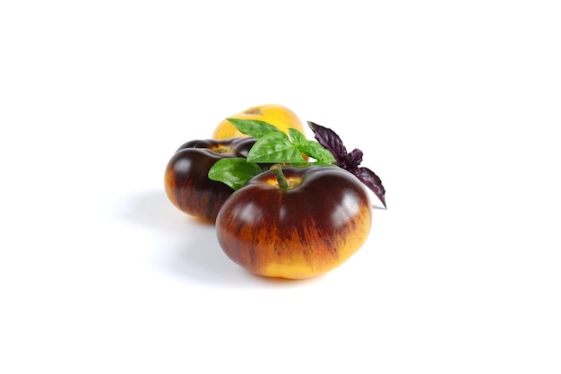 Fresh beautiful burgundy color tomatoes, green and purple fresh basil on a white background.