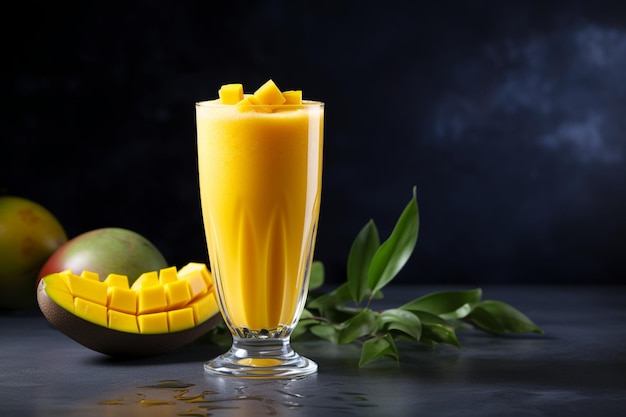 Fresh beautiful delicious mango juice smoothie in glass cup on gray table background