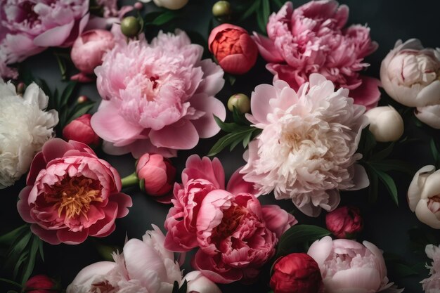 Fresh beautiful peony flowers background generative ai