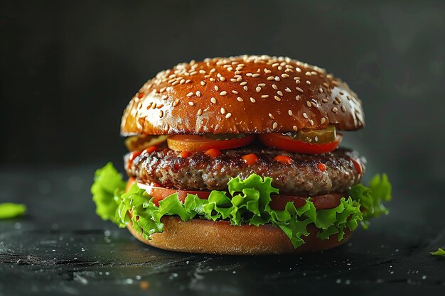 Fresh beef burger on black background big tasty cheeseburger closeup