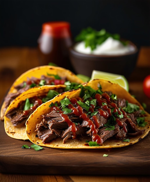 fresh beef taco on a wooden table with sauce Cinco de Mayo