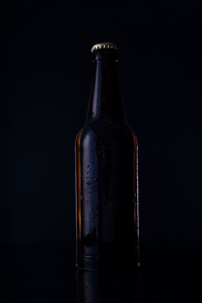 Fresh beer bottle on black background