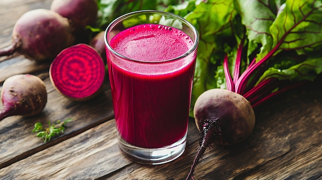 Fresh beet juice in a glass with whole beets and beet greens on a rustic wooden background