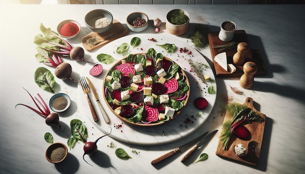 Fresh Beetroot and Goat Cheese Salad on Marble Counter