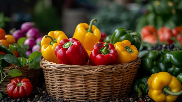 Fresh Bell Peppers in a Basket with Other Vegetables