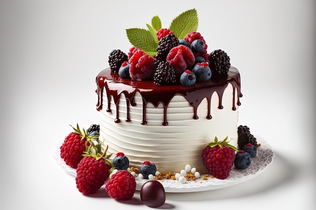 Fresh berries and a delectable baked red velvet cake on a white background