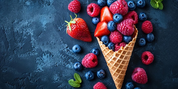 Fresh berries in ice cream cone Strawberry raspberry blueberry for dessert Concept for healthy e