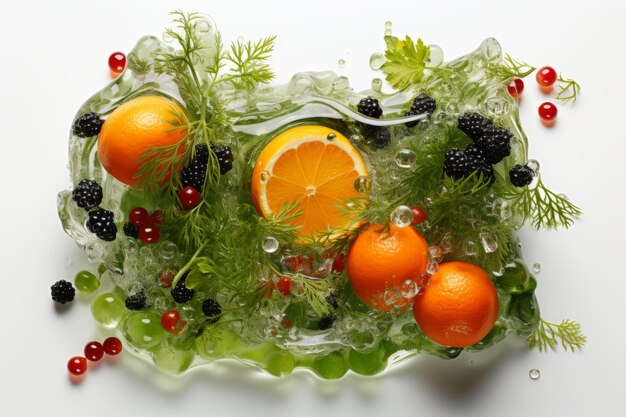 Fresh berries oranges and dill greens washing in clear water getting ready for consumption