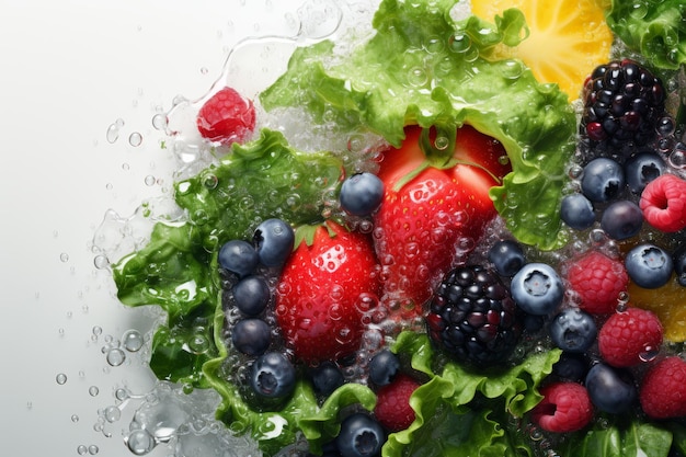 Fresh berries pineapple and lettuce leaves washing in clear water preparing for consumption