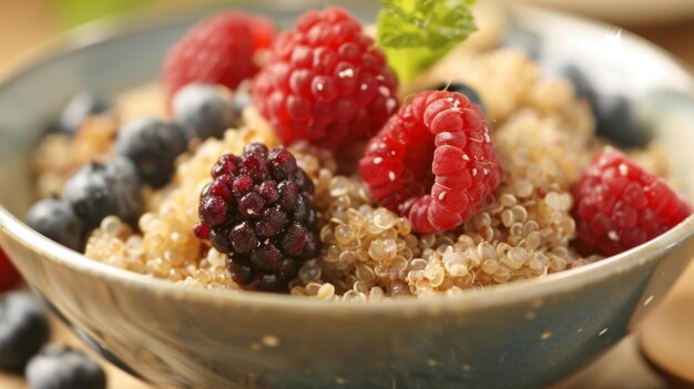 Fresh Berries and Quinoa in Ceramic Bowl on Wooden Table