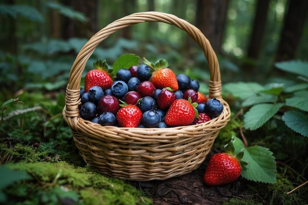 Fresh Berries in Wicker Basket Amidst Forest Greens