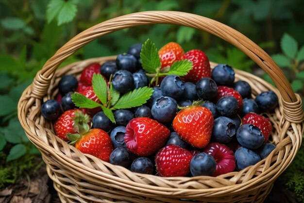 Fresh Berries in Wicker Basket Amidst Forest Greens