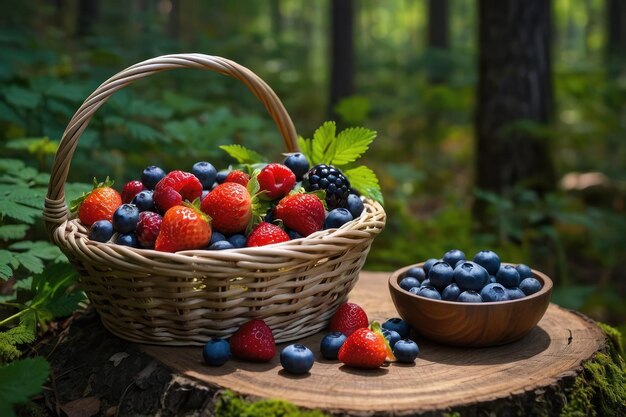 Fresh Berries in Wicker Basket Amidst Forest Greens