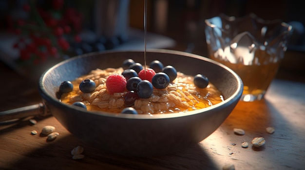 Fresh berry bowl on rustic wooden table generated by artificial intelligence