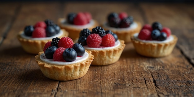 Fresh berry cream tartlets on wooden surface