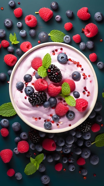 Fresh berry fruit yogurt with forest fruits and mint