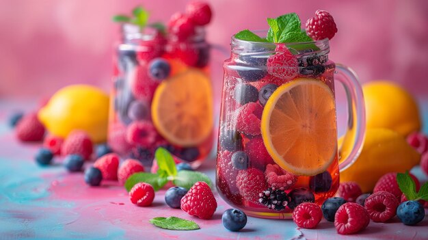 Photo fresh berry and lemon infused water with mint garnish