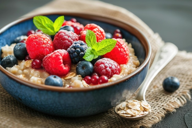 Fresh berry oatmeal in ceramic bowl