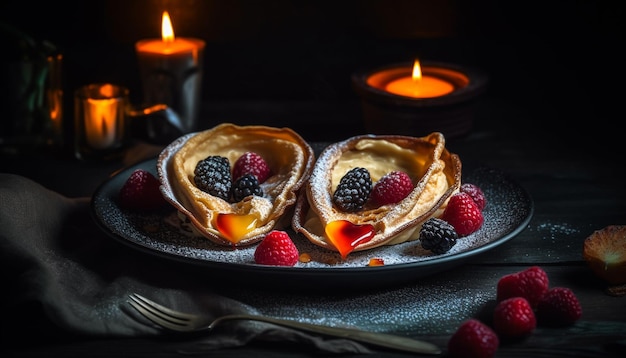 Fresh berry pancake with sweet chocolate sauce generated by AI