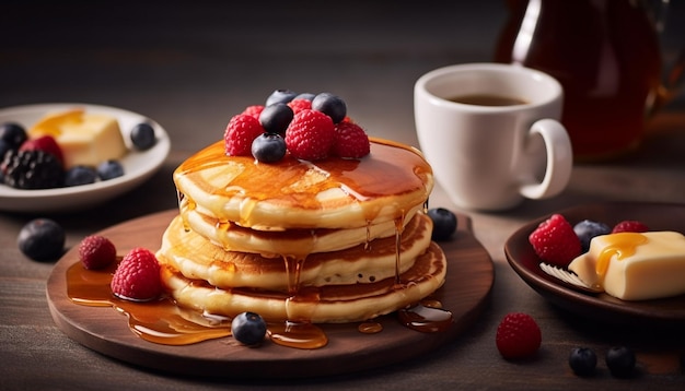 Fresh berry pancakes on rustic wooden plate generated by AI