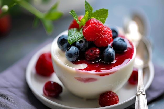 Fresh berry panna cotta dessert on elegant tableware