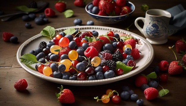 Fresh berry salad on rustic wood table generated by AI