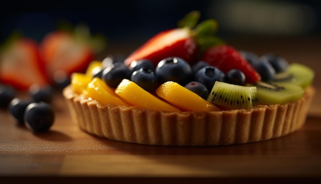 Fresh berry tart creamy cheesecake indulgence on wood generated by AI