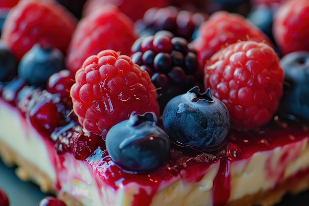 Fresh berry topped cheesecake closeup