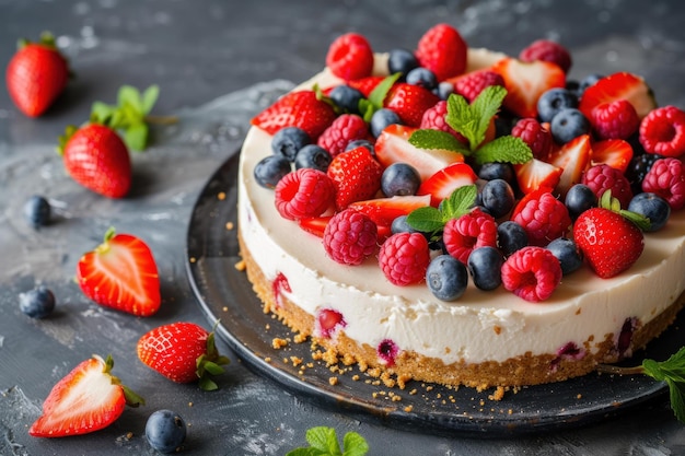 Fresh berry topped cheesecake on dark background