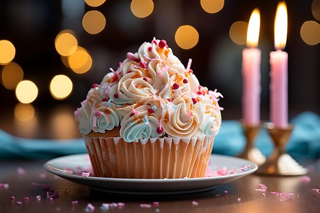 Fresh birthday cupcake with burning candles on pink backdrop