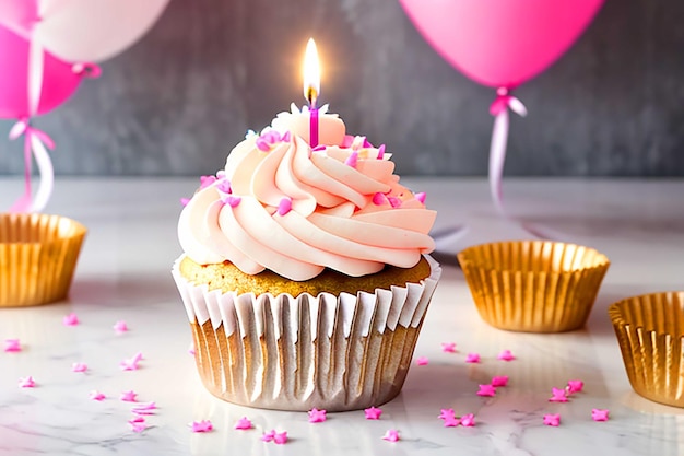 Fresh birthday cupcake with burning candles on white backdrop