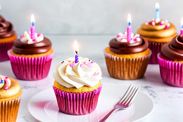 Fresh birthday cupcake with burning candles on white backdrop