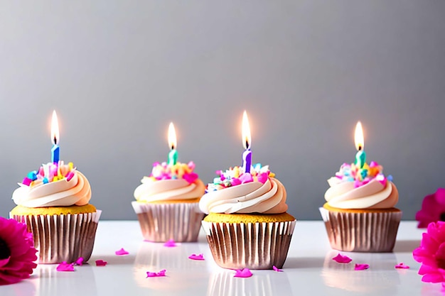 Fresh birthday cupcake with burning candles on white backdrop