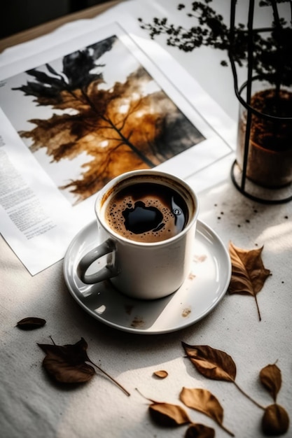 Fresh black hot coffee with book and leaves on white table created using generative ai technology