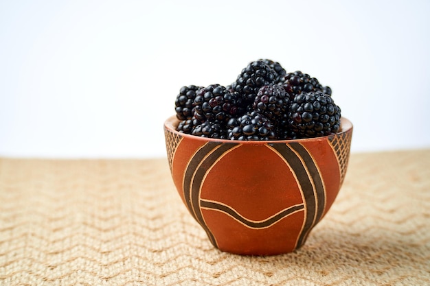 Fresh blackberries in a ceramic bowl on a light background