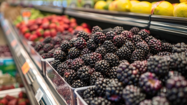 Photo fresh blackberries in a grocery store display