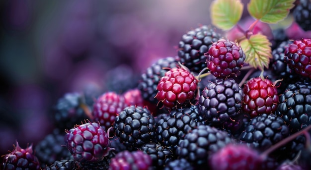 Photo fresh blackberries with green leaves gathered on a table