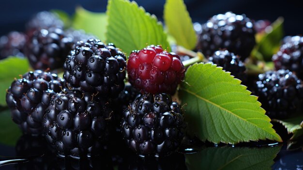 Fresh blackberry with green leaves and water drops A tasty and appetizing dish rich in vitamins