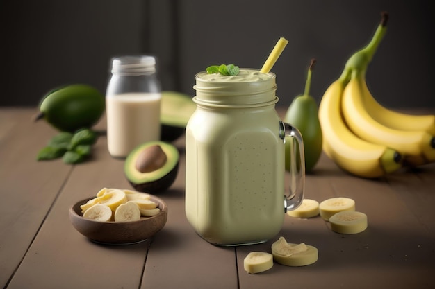 Fresh blended Banana and avocado smoothie with yogurt or milk in mason jar AI generation