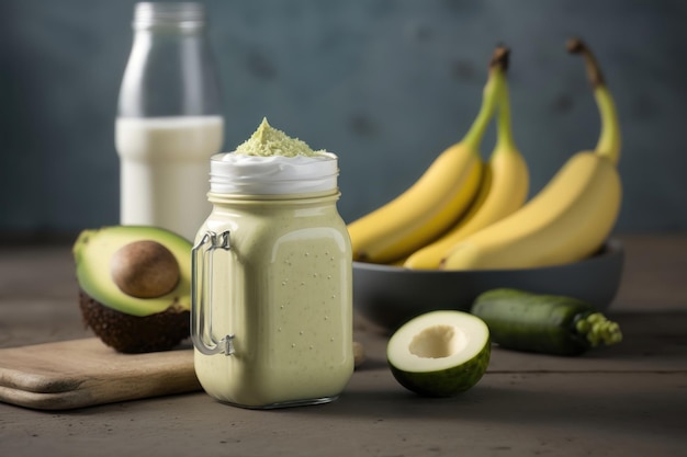 Fresh blended Banana and avocado smoothie with yogurt or milk in mason jar AI generation