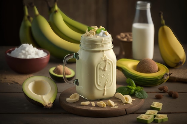 Fresh blended Banana and avocado smoothie with yogurt or milk in mason jar AI generation