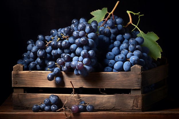 Fresh Blue grapess in wooden crate