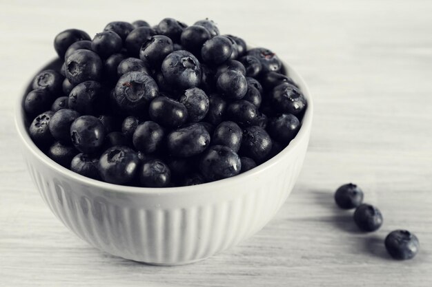 Fresh blueberries in bowl on table close up