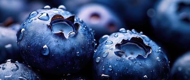 Photo fresh blueberries covered in dew drops on green leaves