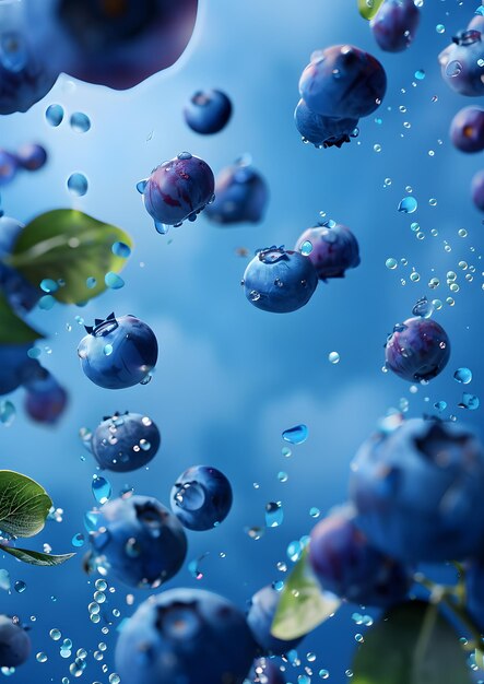 Photo fresh blueberries falling midair with water droplets against sky