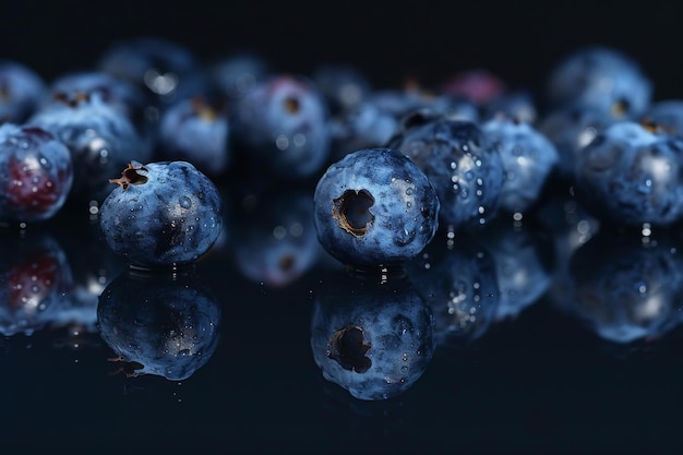 Photo fresh blueberries glistening with droplets on a reflective surface in soft light